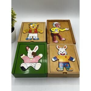 Lot 4 Vintage Wooden Animal Dress Up Puzzle Box Toys Tiger Monkey Rabbit Mouse